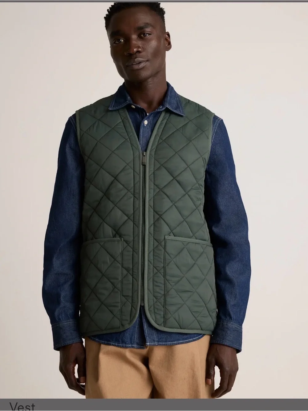 Quince Quilted Olive Green Men's Vest with Corduroy Collar